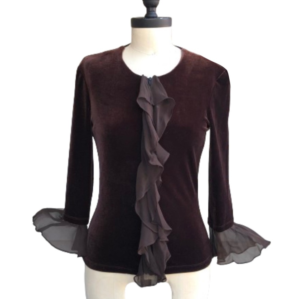 Vintage Cachet Y2K Whimsigoth Ethereal Dark Brown Velvet Silk Ruffle Zip Up Top